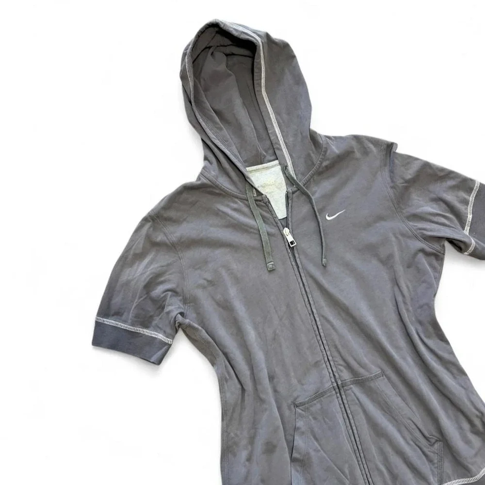 Vtg Y2K Nike Grey Zip Up Short Sleeve Hoodie Jacket Size Large 2000s Activewear
